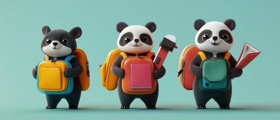 Cute 3D animal characters carrying oversized school items