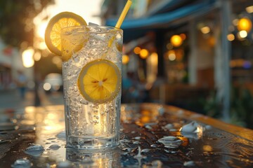 A refreshing glass of sparkling water with slices of lemon and a yellow straw on a table, set against a sunlit, bustling street backdrop