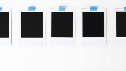 Five blank Polaroid photos taped to wall in horizontal row, Generative AI