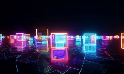 Wall Mural - Neon glowing city with colorful vibrant squares reflected on a wet glassy floor