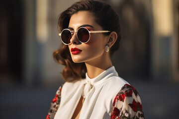 Wall Mural - A Stylish Woman Sporting Sunglasses and Striking Bold Red Lips Captivating Attention