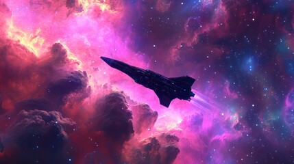 Wall Mural - Spaceship Soaring Through a Vibrant Cosmic Nebula