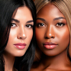 Two women, one American Indian with blue eyes and the other black with hazel eyes, close-up  