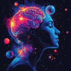 abstract profile of a woman with a glowing brain surrounded by cosmic elements, symbolizing imaginat