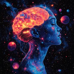 Wall Mural - Abstract profile of a woman with a glowing brain surrounded by cosmic elements, symbolizing imagination, creativity, and the universe Generative AI