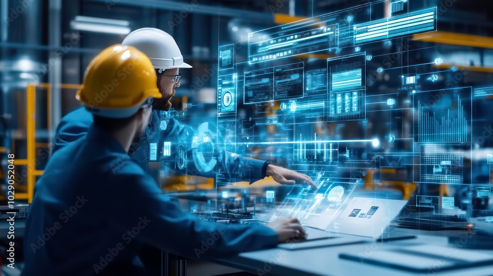Fake Engineering Work Screen Two male engineers in a factory setting reviewing data on a large ...