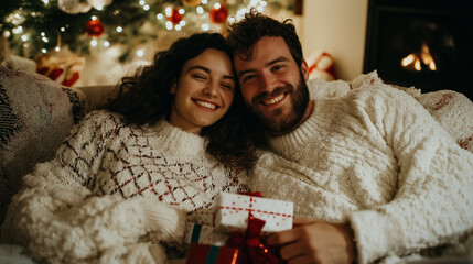 A happy couple sitting together in front of a Christmas tree, smiling and holding a wrapped gift, enjoying a cozy and festive holiday moment.