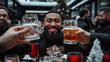 ©  Himadness - A joyful man celebrating with friends, raising glasses of drinks for a toast at a festive gathering, surrounded by holiday decorations and a lively atmosphere.