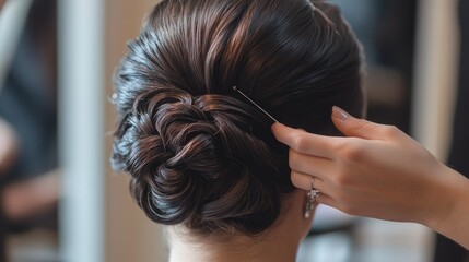 Close-up of a stylist pinning hair into a classic updo for a special occasion, showing expertise and care