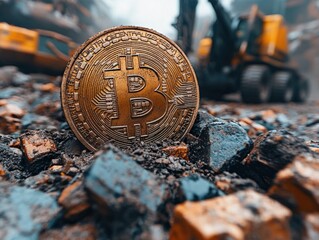 Bitcoin mining: cryptocurrency coin on rocky surface with excavator in background