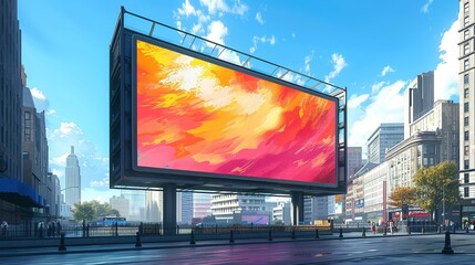 Sticker - Eye-catching digital billboard mockup with bright, dynamic ads and vivid graphics, ideal for showcasing modern digital marketing campaigns in a bustling city. High resolution Illustration, in the