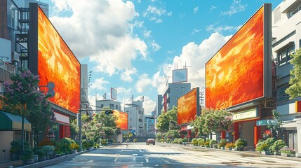 Poster - Modern digital billboard mockup with vivid, animated content and high-definition screens, perfect for displaying engaging digital advertisements in a cityscape. High resolution Illustration, in the