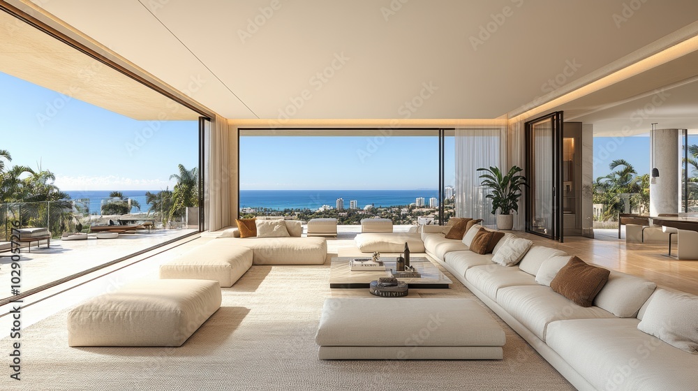 Luxurious modern living room with panoramic ocean view, featuring ...