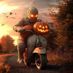 Mummy riding scooter carrying Halloween pumpkins on the road in the autumn countryside with sunset. Concept of shipping, logistics, delivery and Halloween celebration.