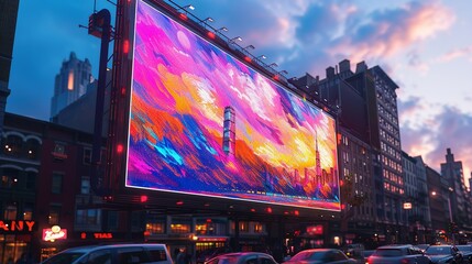 Poster - Eye-catching digital billboard mockup featuring vibrant, animated displays with high-definition graphics, ideal for showcasing digital ads in a city environment. High resolution Illustration, in the