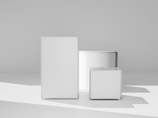 Poster - Minimalist white display boxes create modern and clean aesthetic, perfect for showcasing products or art. Their geometric shapes and shadows add depth to any space