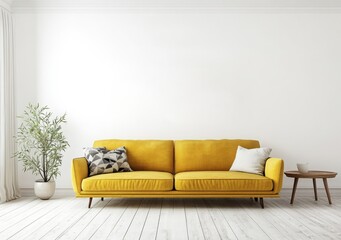 A bright yellow sofa in a spacious, minimalistic room with wooden floors and a potted plant.