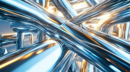 Abstract metallic tubes intersect, creating a complex, futuristic design with highlights.