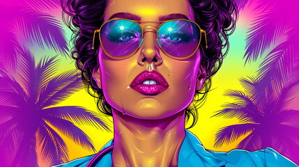 Wall Mural - A woman with sunglasses on her face is standing in front of a palm tree. The image has a bright and colorful vibe, with the woman's outfit and the palm tree adding to the overall atmosphere