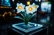 © Thanyarat - A digital display of a Narcissus plant in a virtual garden, where users can interact with the flowers and change their colors and bloom times in a holographic environment