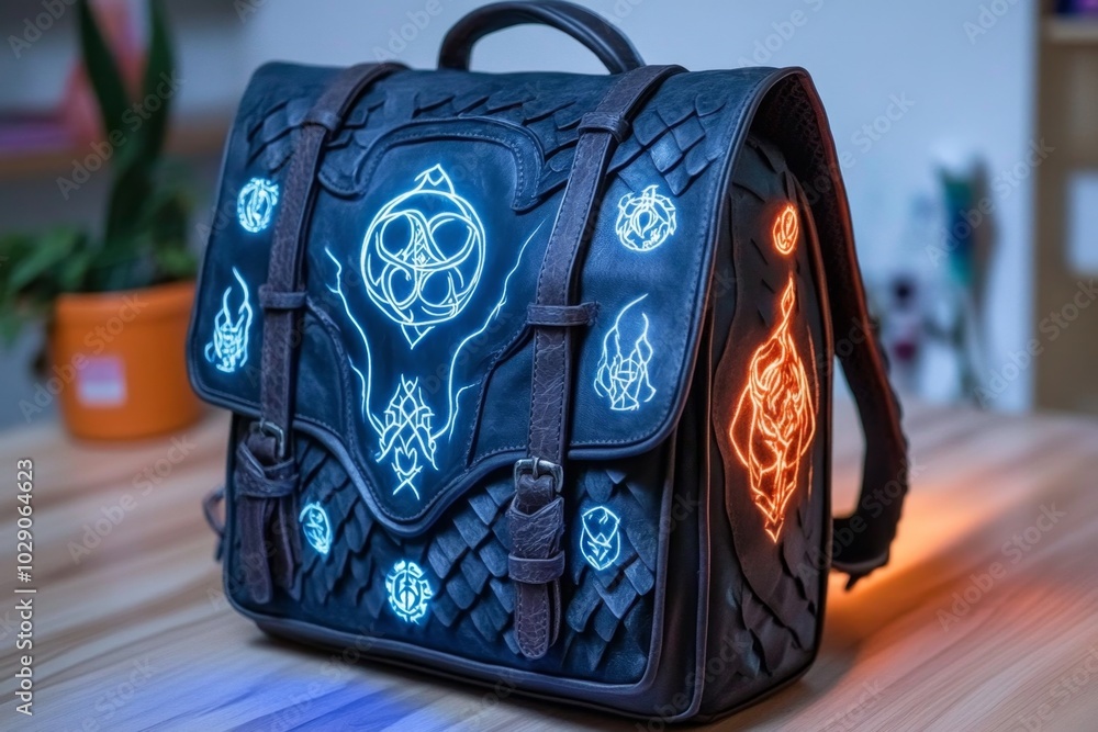 A fantasy-themed backpack adorned with runes and symbols, made from ...