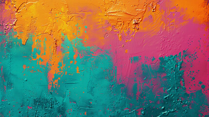 Wall Mural - vibrant teal, neon orange, and bright pink fading into one another with a noisy grain texture.
