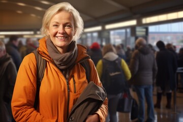 Canvas Print - Portrait of a smiling woman in her 60s dressed in a water-resistant gilet isolated in bustling airport terminal