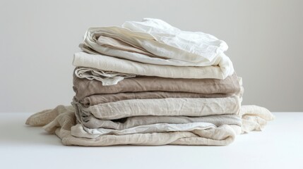 Wall Mural - Stack of Folded Linen Fabric in Beige and White Tones