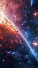 Wall Mural - dramatic interstellar warfare under the glow of a distant quasar, 4k hyperrealistic photo