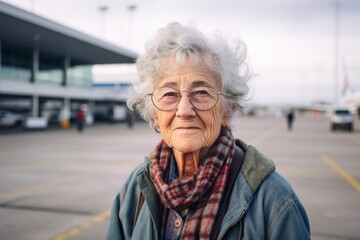 Canvas Print - Portrait of a satisfied elderly 100 year old woman wearing a comfy flannel shirt isolated on bustling airport terminal background