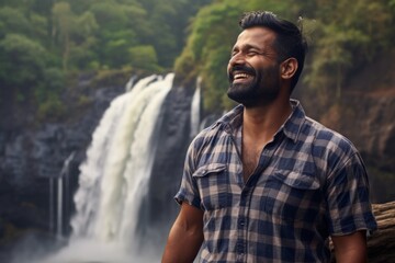 Wall Mural - Portrait of a satisfied indian man in his 30s dressed in a relaxed flannel shirt in backdrop of a spectacular waterfall