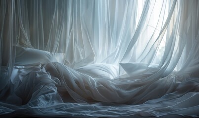 Canvas Print - Mosquito netting draped over a bed, protection against insects 4K hyperrealistic photo.