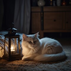 Wall Mural - A white cat resting on a rug in front of a lit candle lantern in a dimly lit room.