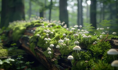 Canvas Print - Mossy log with delicate white mushrooms emerging, serene woodland setting 4K hyperrealistic photo.