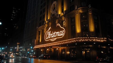 A beautifully decorated, bright and festive city street at night showcasing a grand building with illuminated Christmas signage and ornate architecture in the holiday season