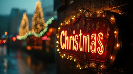 An intricately lit Christmas sign with festive decorations and illuminated trees in the backdrop, capturing a magical holiday atmosphere on a rainy evening in an urban setting