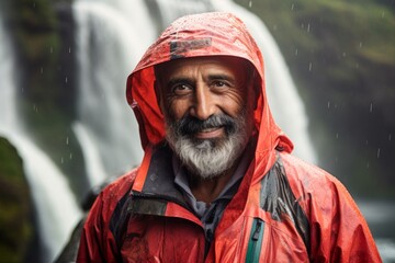 Wall Mural - Portrait of a joyful indian man in his 50s wearing a functional windbreaker over backdrop of a spectacular waterfall