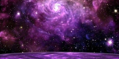 Wall Mural - Purple and pink nebula in outer space with bright stars and a hint of a planet at the bottom.