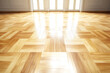 © Vilma - shiny polished wooden floor with a herringbone pattern, reflecting light. The room is bright, with sunlight streaming through large windows in the background