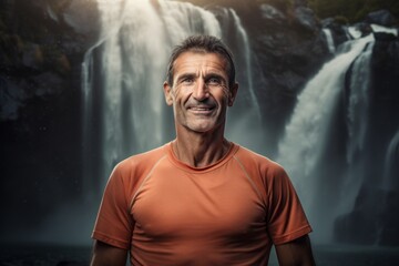 Poster - Portrait of a happy man in his 50s showing off a lightweight base layer over backdrop of a spectacular waterfall