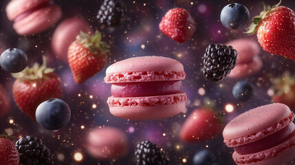 professional photography of a lot of macarons, strawberries, blueberries, blackberries flying in the cosmos, sparkl stars, dream like