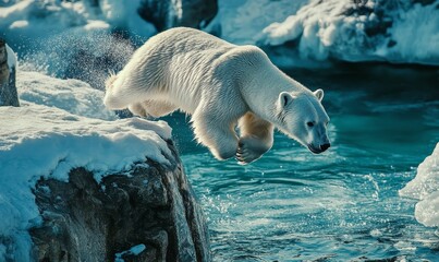 Wall Mural - a polar bear jumps over icy water.