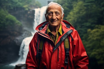 Canvas Print - Portrait of a content indian elderly man in his 90s sporting a waterproof rain jacket isolated on backdrop of a spectacular waterfall