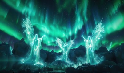 Wall Mural - heavenly paradise of luminous ethereal beings amidst the aurora borealis, 4k hyperrealistic photo