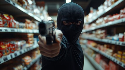 A criminal in a black mask in a store pointing a gun at another person. Crime and crime against a person, violence in society