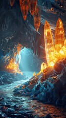 Wall Mural - Mysterious cave illuminated by glowing crystals, 4K hyperrealistic photo.