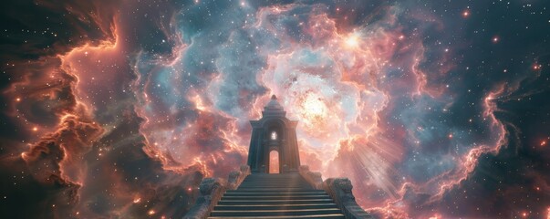 Wall Mural - heavenly shrine among cosmic nebulae, 4k hyperrealistic photo