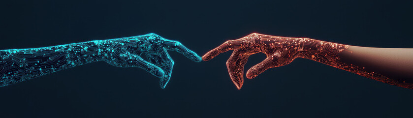 Canvas Print - image depicts two hands, one glowing in blue and other in red, symbolizing connection between technology and humanity. intricate details of hands suggest digital or AI theme, evoking sense of