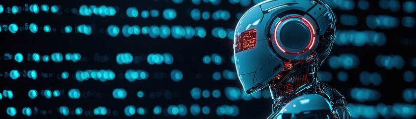 futuristic robot with glowing features stands against backdrop of digital data, symbolizing advanced AI technology and innovation. sleek design and vibrant lights evoke sense of speed and progress in