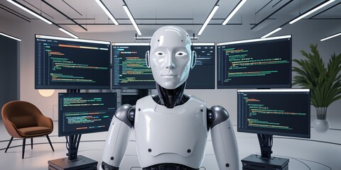 robot programmer at work. a modern robot programmer diligently works on coding and developing softwa